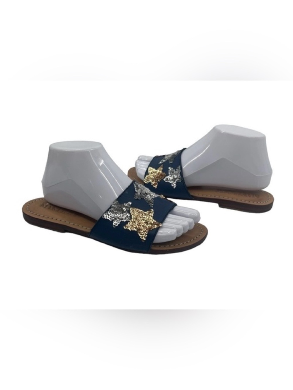 Mystique Boutique Navy Slide Sandals with Gold & Silver Star Sequins